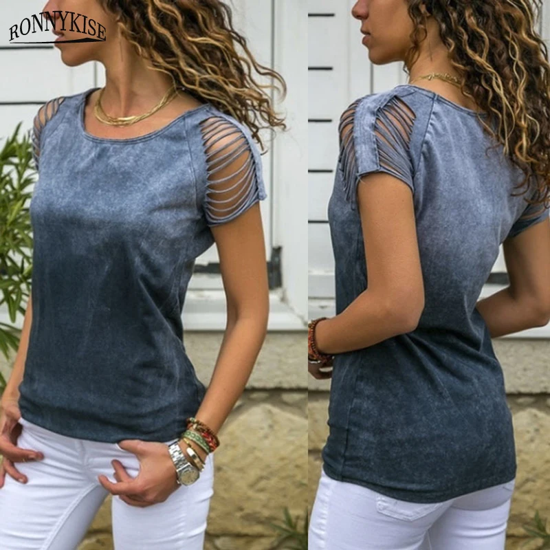 RONNYKISE Модальная ткань футболки женские модные короткий рукав полые повседневные
