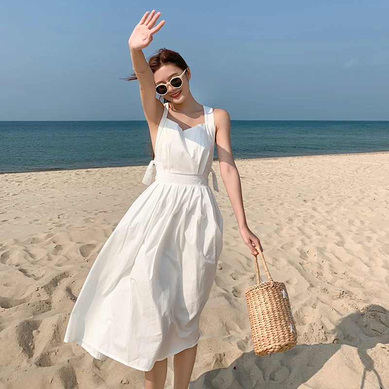 

Women Backless Sexy Long Dress Summer 2021 Runway Elegant Sleeveless Korean Casual Ladies Honeymoon Vacation Party White Dresses