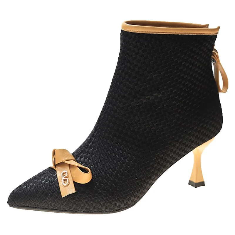

Spring Autumn Women Shoes Bowknot Women Boots Pointed Toe Thin Heels High Heels Woman Boots Ladies Ankle Boots Woven Boots