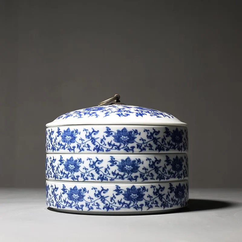 

Blue and White Porcelain Pu'er Box Tea Caddy Chinese Kung Fu Tea Storage Container Ceramic Jar Sealed Canister Home Organizer