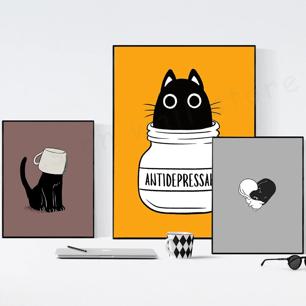

Cartoon Animals Black and White Cat Canvas Painting Art Nordic Posters and Prints Wall Pictures for Living Room Decor Frameless