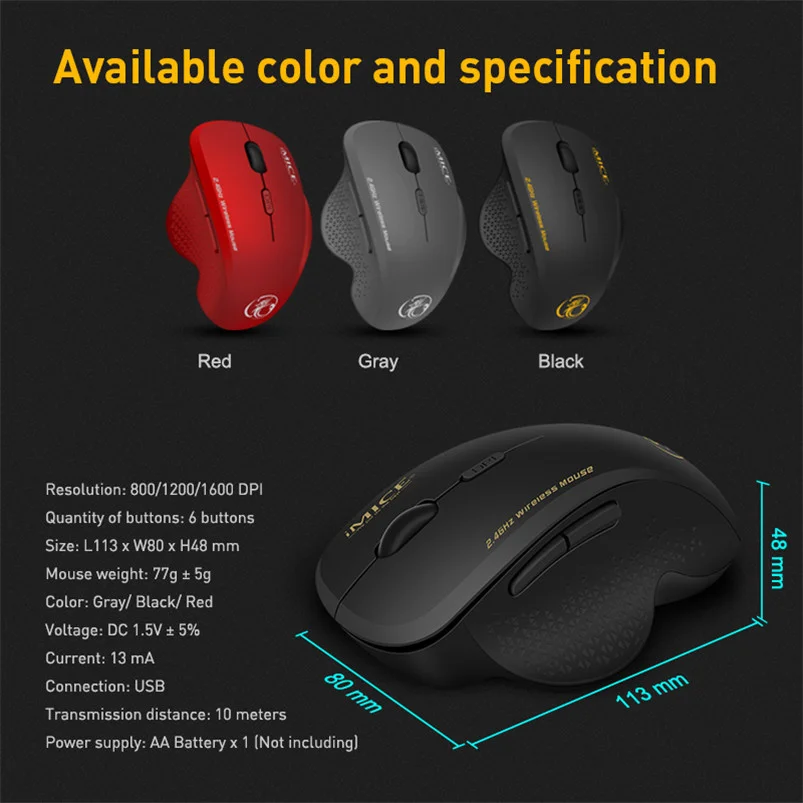 

Wireless Mouse Ergonomic Computer Mouse PC Optical Mause With USB Receiver 6 Buttons 2.4Ghz Wireless Mice 1600 DPI For Laptop