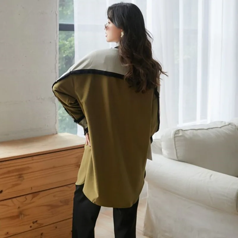 

SHENGPALAE Women's Shirt Autumn 2021 New Laple Single-breasted Contrast Color Patchwork Large Size Long Blouse Fashion 5A427