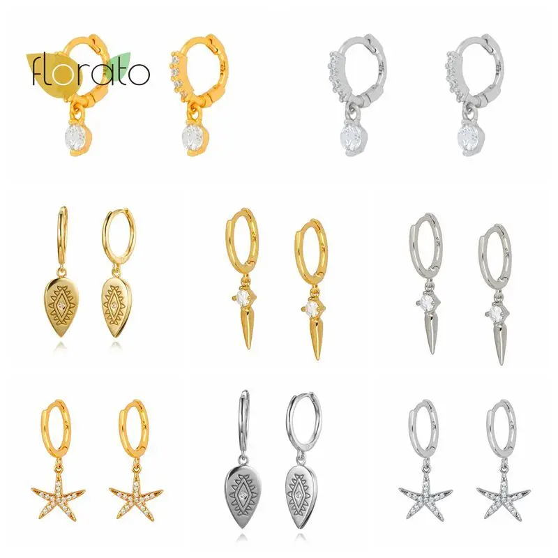 

925 Sterling Silver Star/Spike/Leaf Hoop Earrings Luxury CZ Crystal Piercing Earrings For Women All-Match Jewelry Pendientes