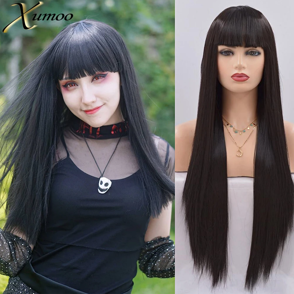 

Дешевый черный синтетический парик с челкой, парики из термостойкого волокна ручной работы для ежедневных черных женщин