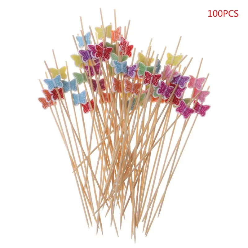 

2021 New 100pcs 12cm Butterfly Food Picks Dessert Buffet Fruit Salad Fork Cake Muffin Party Vegetable Sticks Cocktail Toothpicks