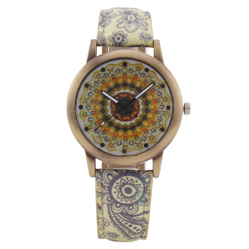 

New Watches For Women Casual Female Wrist Watch Retro Ethnic Style Leather Strap Ladies Quartz Watch Copper Dial Zegarek Damski