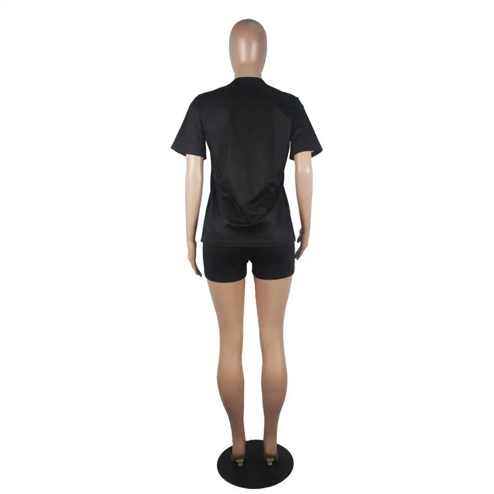 

2020 European leisure printing sports suit fashion solid color o-neck short sleeve T-shirt and shorts women's two piece set
