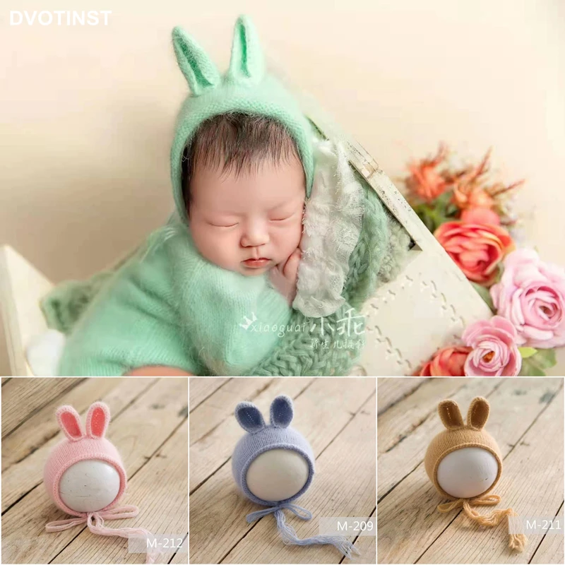 Dvotinst Newborn Baby Girls Boys Photography Props Knitted Hats Cute Rabbit Bonnet Fotografia Accessories Studio Photo Props