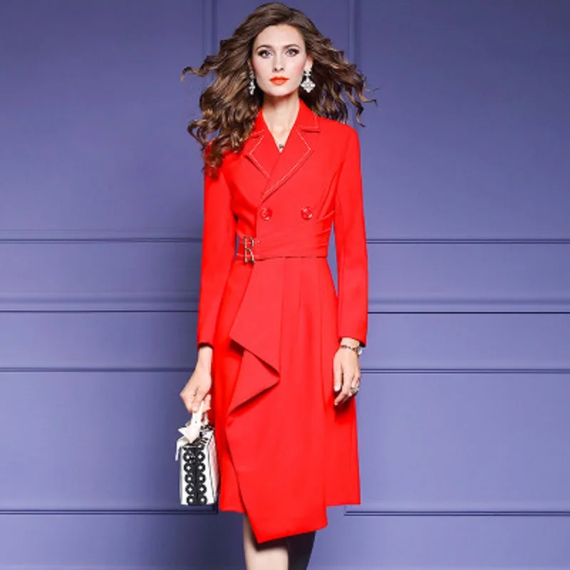 

lady Solid Office Hepburn suit dress women's spring autumn 2021 Notched new fashion Ruffle slim long sleeve A-line skirt XXXL