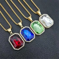 fashion square pendant chain gold color stainless steel bling rhinestone necklace for women men hip hop jewelry dropshipping