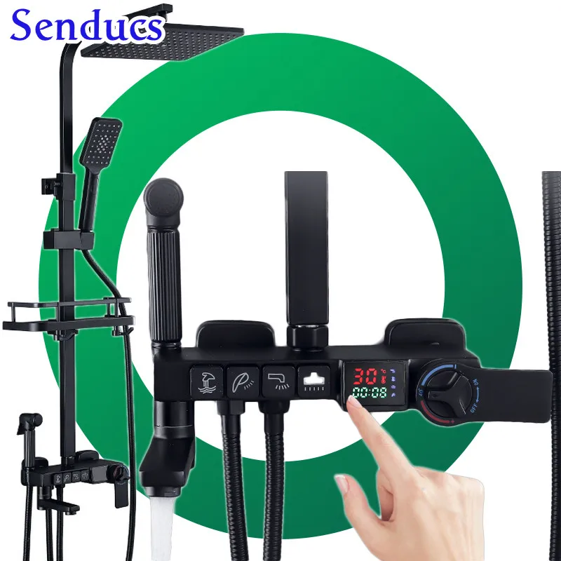 

Smart Thermostatic Shower Faucet Senducs Black Digital Bathroom Shower Set Multifunctional Thermostatic Bath Shower System
