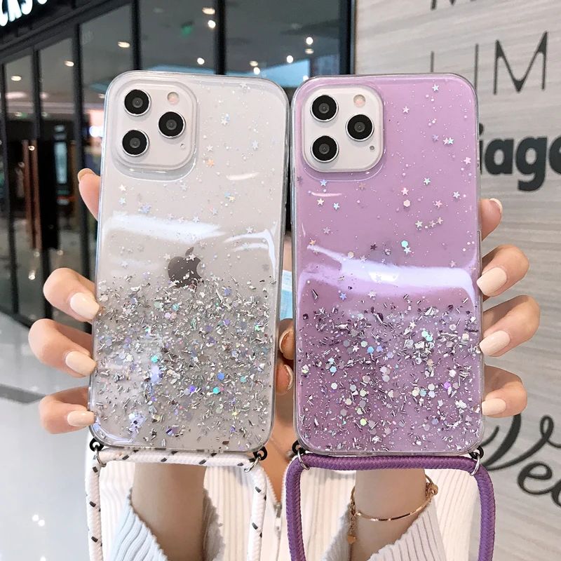 

Glitter Crossbody Strap Lanyard Case For Huawei Y7A Y5P Y6P Y7P Y8P Y8S Y9S Y5 Y6 Y7 Y9 Prime 2019 Necklace Silicone Soft Covers
