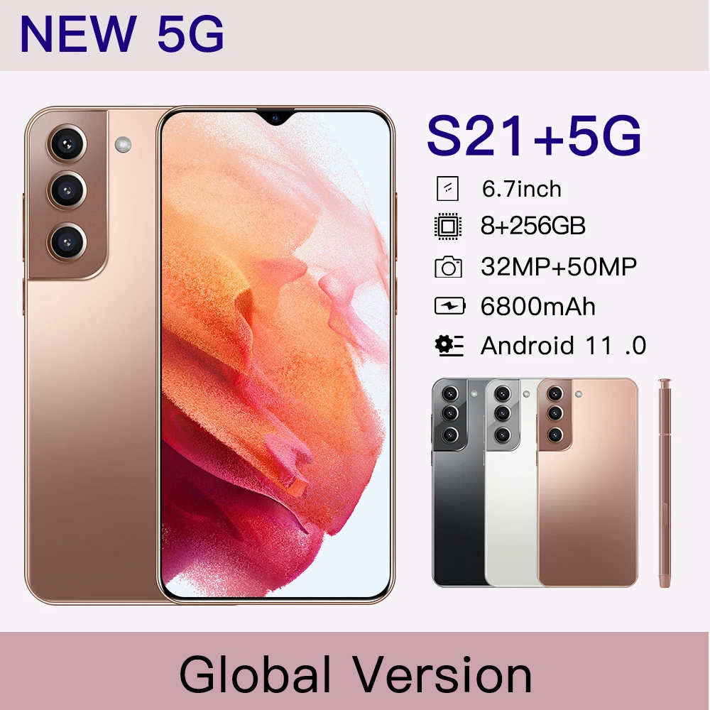

New 5G S21+5G 6.7 Inch Global Version Original LTE Cell Phone 32+50MP 8GB RAM 256GB ROM Android 11 Mobile Phone 6800mAh Battery