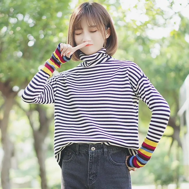 

Chic Khaki Autumn and Winter 2020 New Heaps Collar Sweater Women's Striped Color Matching Sweater Thickened Inner Wear Bottoming