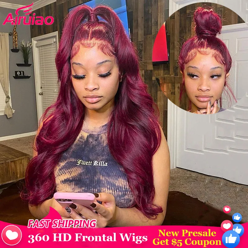 

Burgundy Body Wave 13x4 Front Wig 360 Full Hd Lace Frontal Human Hair Wigs 30 Inch Straight 99j Red Colored Water Wave Remy
