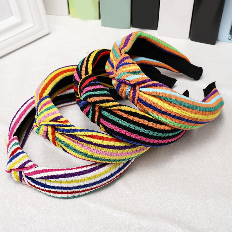 

Rainbow Stripe Headband Cross Top Knotted Hair Hoop Turban Patchwork Boho For Women Hair Accessories Stretch Hair Bands Headwear