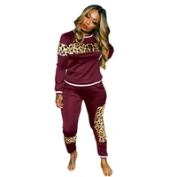 2021 womens motion leisure suit leopard spliced print loose long sleeve tops and jogger sweatpant fashion casual two piece suit