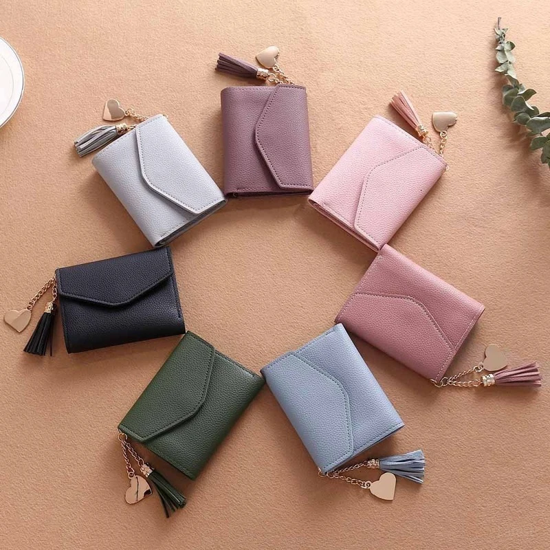 

Women's Wallet Cute Student Tassel Pendant Short Wallet Trend Small Fashion PU Wallet 2021 Coin Purse Ladies Card Bag For Women