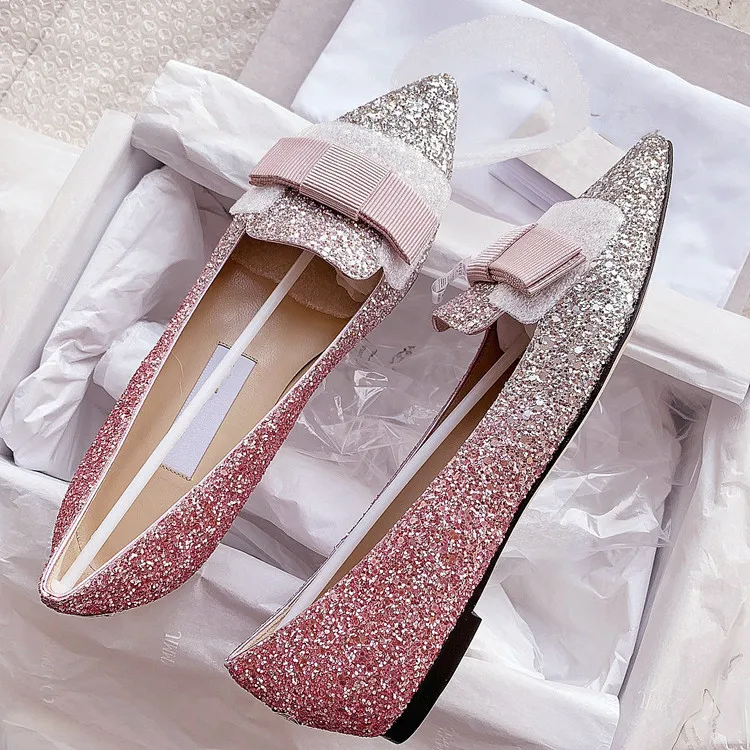 

Женские туфли с острым носком, градиентные туфли на плоской подошве, с блестками и бантом, новинка 2021