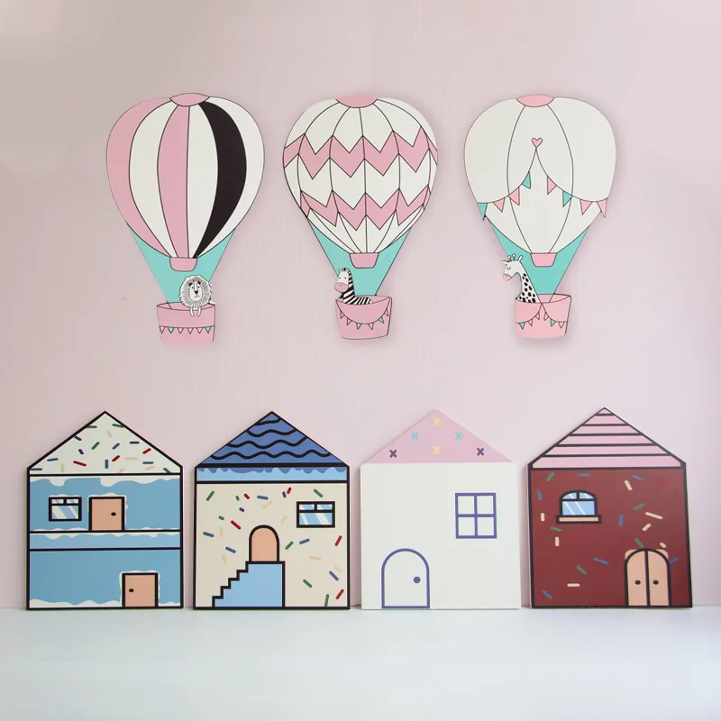 

Nordic Cartoon Wood Plastic Board Ornaments Kids Room Decor Cute Hot Air Balloon House 3D Stereo Wall Decoration Child Best Gift