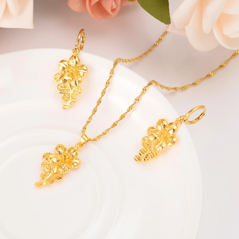 

Dubai India Ethiopian Set Jewelry Necklace pendant Earring jewelry Habesha Girl Gold flower African Bridal Sets best gift women