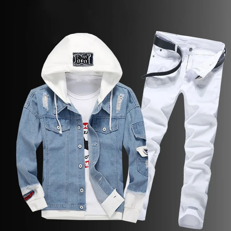

Casual Women Men Hooded Cowboy Jacket Zip Jeans Two Piece Set Plus Size Street Single Breasted Hole Ripped Blue Denim Coat Suit