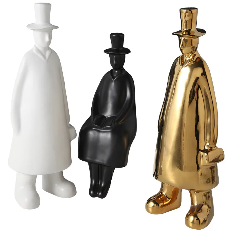 

Nordic Gentleman Sculpture Mr Hat Gold Home Decorative Figurines Solid White Black People Statue Room Decoration Man Father Gift