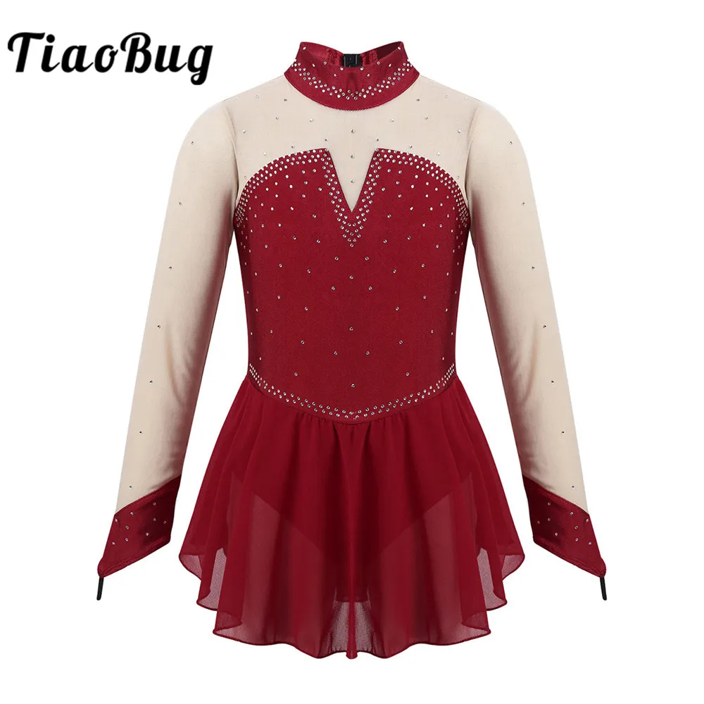 Детские блестящие стразы TiaoBug платье с длинными рукавами для фигурного катания