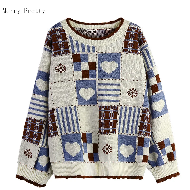 

Heart Embroidery Jacquard Women Knitted Pullover Sweaters 2021 Summer New Long Sleeve O-neck Sweet Girly Soft Top