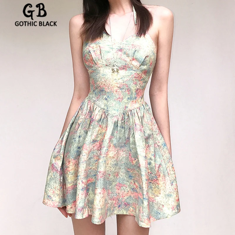 

Gothblack Fashion Halter Digital Printing Slim Mini Dress Women Sexy Backless Pleated Dresses Summer Street Aesthetics Outfits