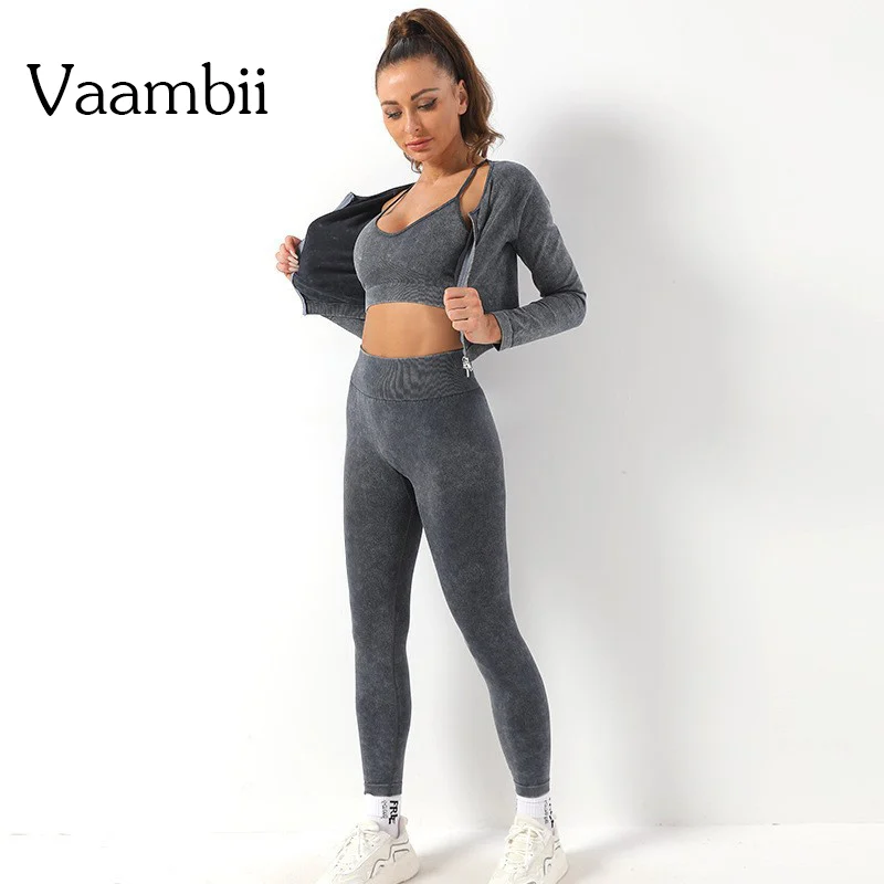 

3 Piece Wash Style Pants Sets Tracksuit Sport Set Women Sport Outfit For Woman Workout Clothes Gym Suit For Fitness Sports