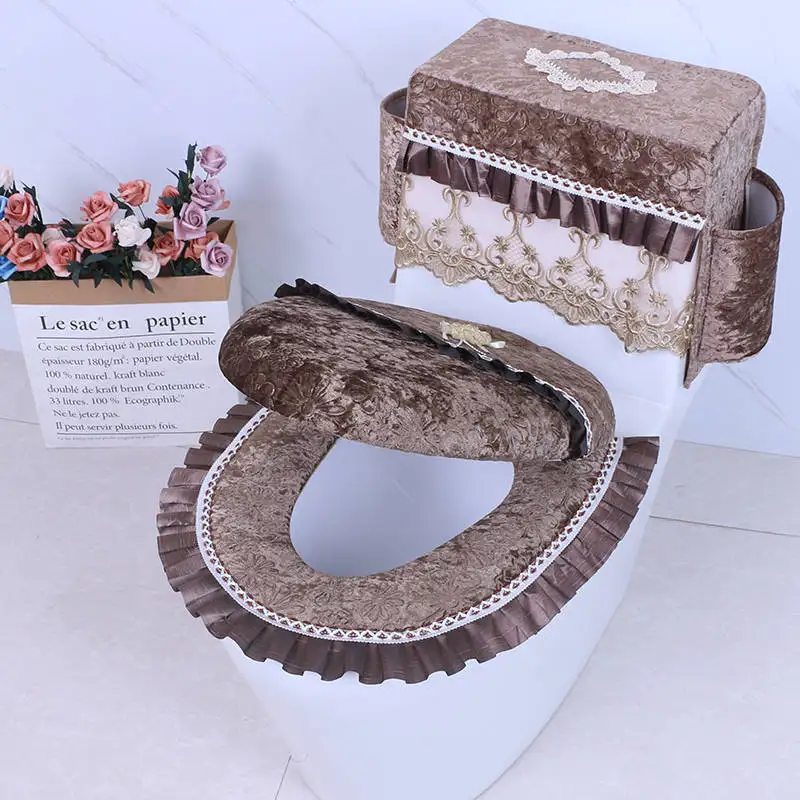 

European Style Gold Diamond Velvet Toilet Cushion Set Household Waterproof Toilet Seat Cushion Three-piece Solid Color Cushion