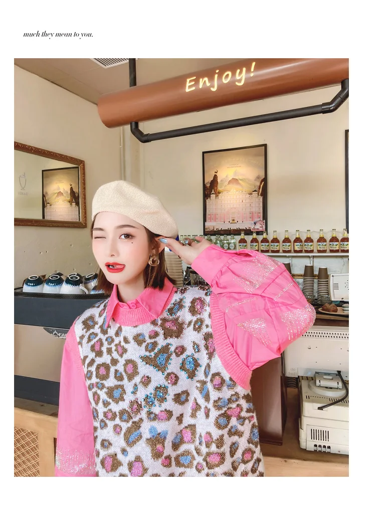 

Vefadisa Spring Diamonds Women Set 2021 Leopard Print Knitted Vest + Long Sleeve Women Blouse Casual Knitted 2 Piece Set QYF4875