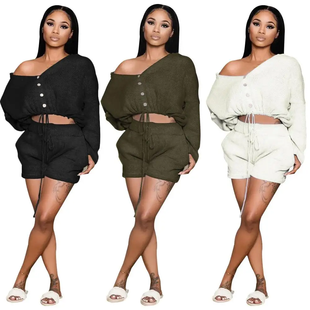 

casual fashion trouser suit new 2020 round neck long-sleeve button lace-up two-piece set
