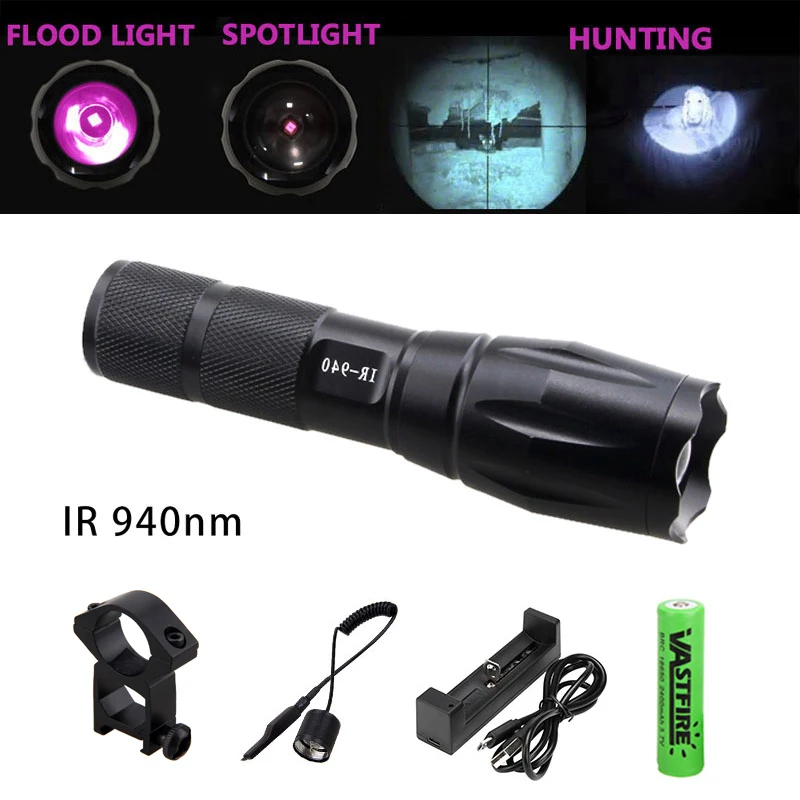 7 Вт ИК 940nm Ночное видение светодиодный Охота вспышки светильник + 18650 крепление