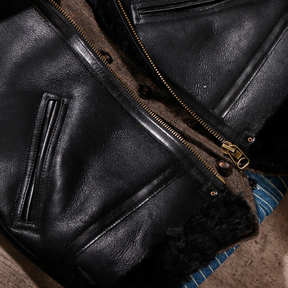 

CDB3-1 European US Size High Quality Super Warm Genuine Sheep Leather Coat Mens Big B3 Shearling Bomber Merino Fur Jacket