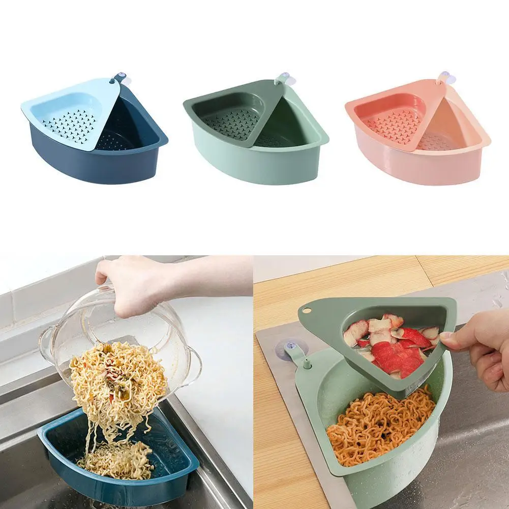

Kitchen Triangular Sink Strainer Drain Fruit Vegetable Basket Shelf Storage Rack Ssuction Cups Drainer Filter Tools Sponge J3K3