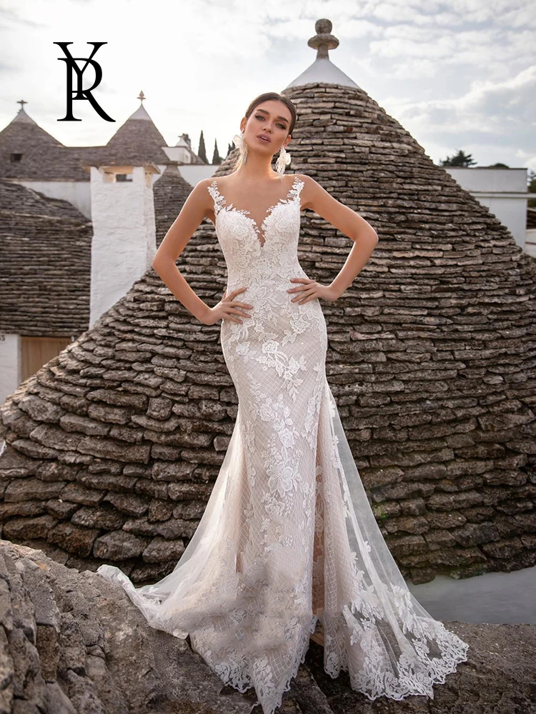 

Luxury Mermaid Wedding Dresses Sleeveless Backless Detachable Train 2 In 1 Lace Applique Bridal Wedding gowns Tailor-made