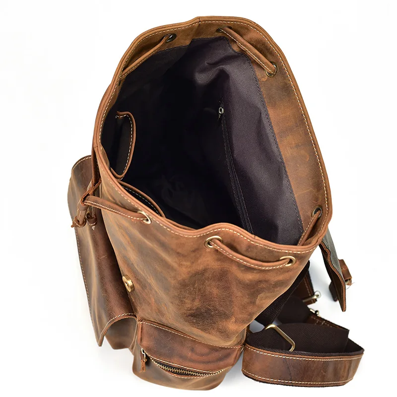 

Luxury Natural Crazy Horse Leather Men's Backpack Original Design Handmade Vintage Genuine Leather Drawstring Ruckpack