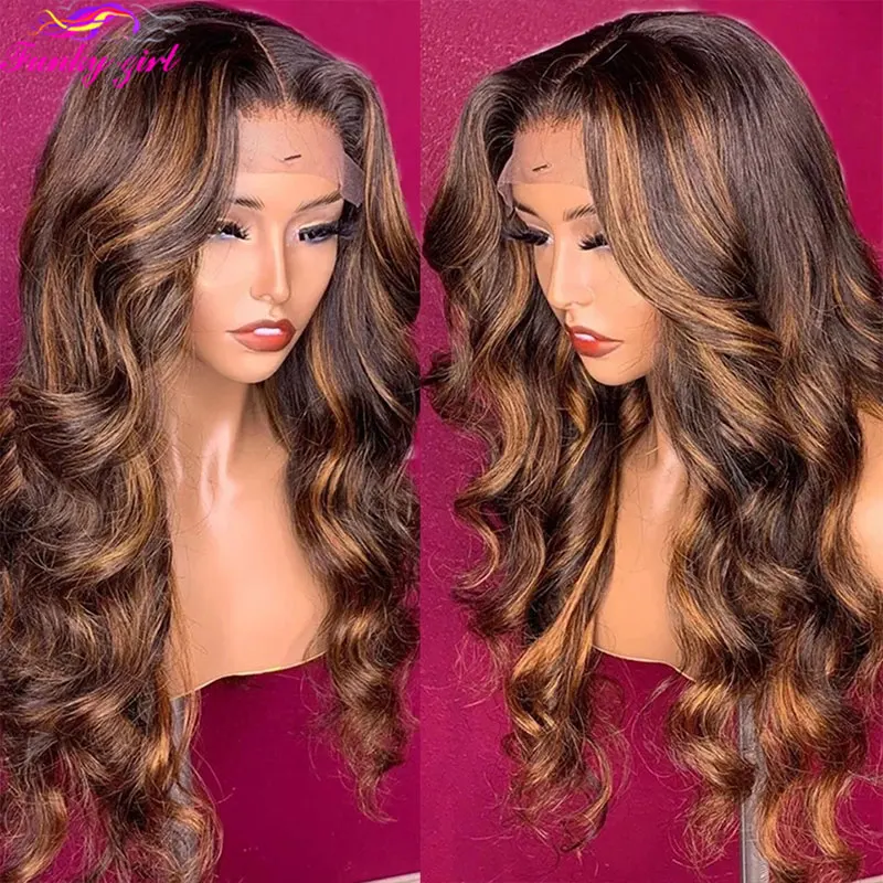 FG 4/30 Brazilian Highlight Wavy T Part Human Hair Lace Wigs Body Wave 13x1 Transparent Lace Part Wig Pre Plucked For Women