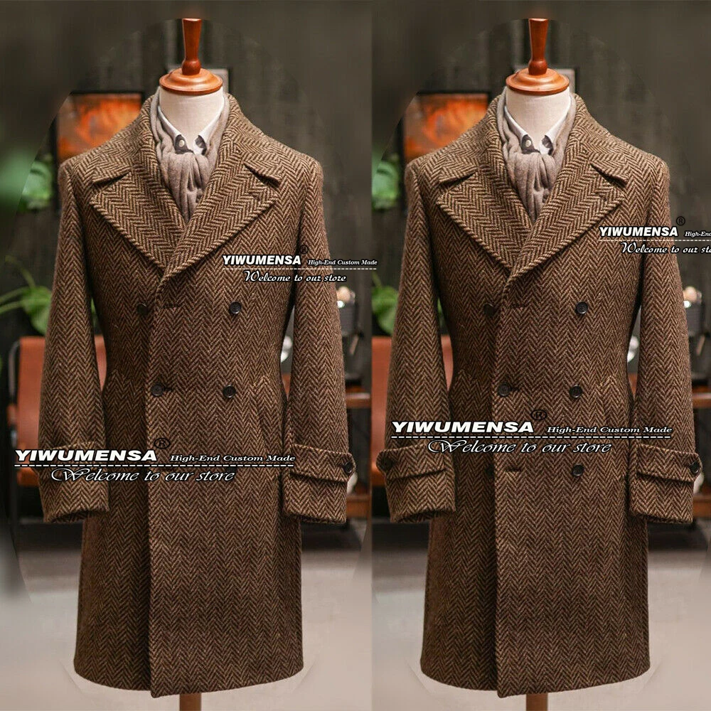 Chaqueta de traje marrón para hombre, chaqueta militar de mezcla de lana de Tweed, gabardina de espiga, abrigo de doble botonadura, esmoquin, Primavera/otoño