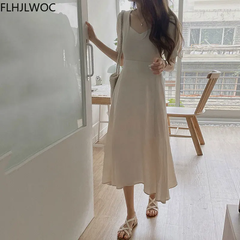 

Women New Arrivals Chic Korea Design Elegant Lace-Up Summer 2021 Feminine Vestidos Retro Vintage Korean Style Solid Long Dress