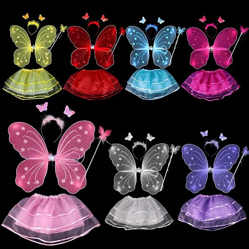 

Adult Kids 4Pcs Fairy Costume Set Simulation Butterfly Wings Pointed Tutu Skirt Headband Wand Princess Girls Party Supplies
