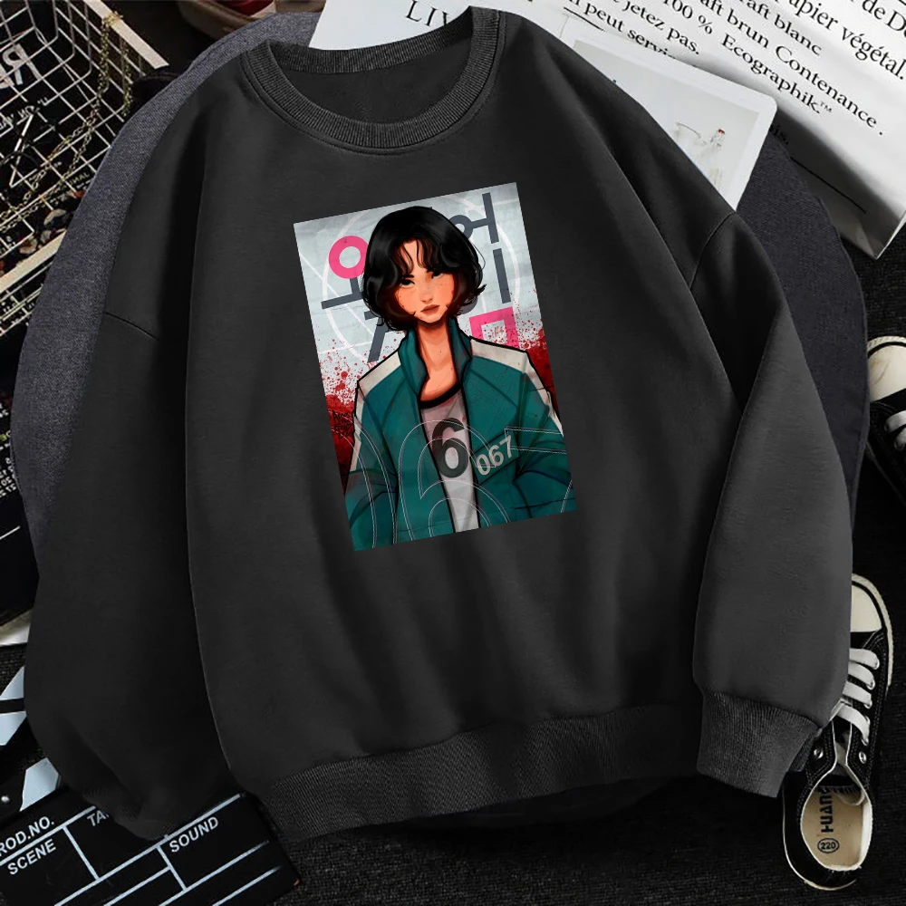 

Squid Game Print Sweatshirt Autumn Winter Fleece Clothes Fashion Korean Tv Show Character Harajuku O Neck Sweatshirts Man Hoodie