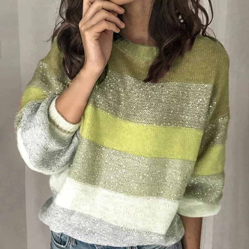 Женский трикотажный свитер с круглым вырезом длинным рукавом | Женская одежда