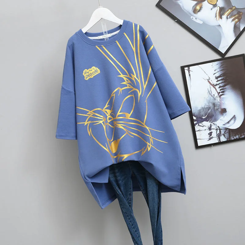

T Shirt Plus Size Loose Brushed Half-sleeve Bottoming For Women Autumn Bronzing Cartoon Rabbit Thickened Short-sleeved T-shirt