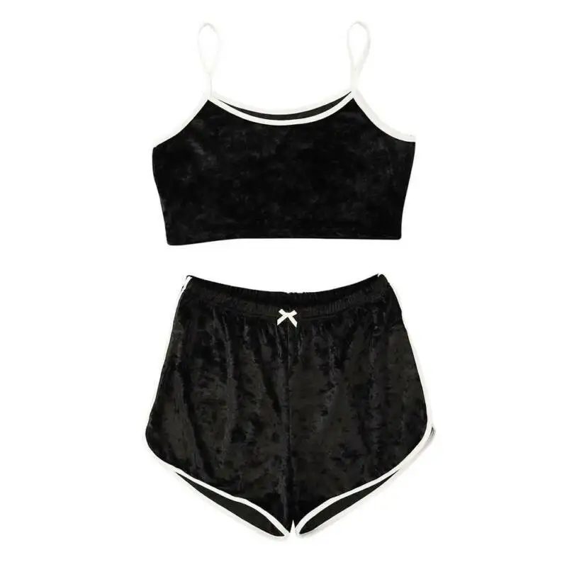 

Women Sexy Velvet Sports Vest Suspender Casual Home Service Suit Tops + Shorts