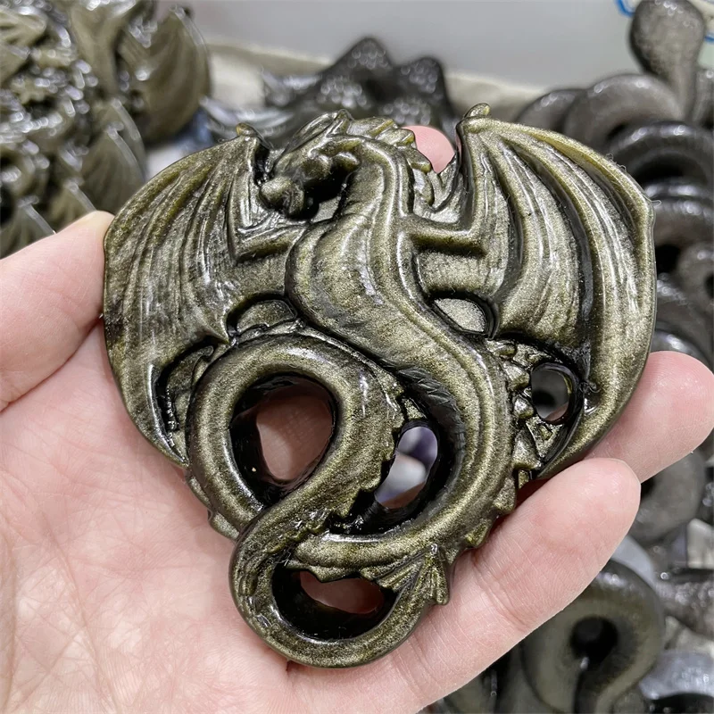 

1PC Natural Stone Golden Obsidian Crystal Handmade Carved Dragon Polished Animal Powerful Statue for Home Decoration Gift