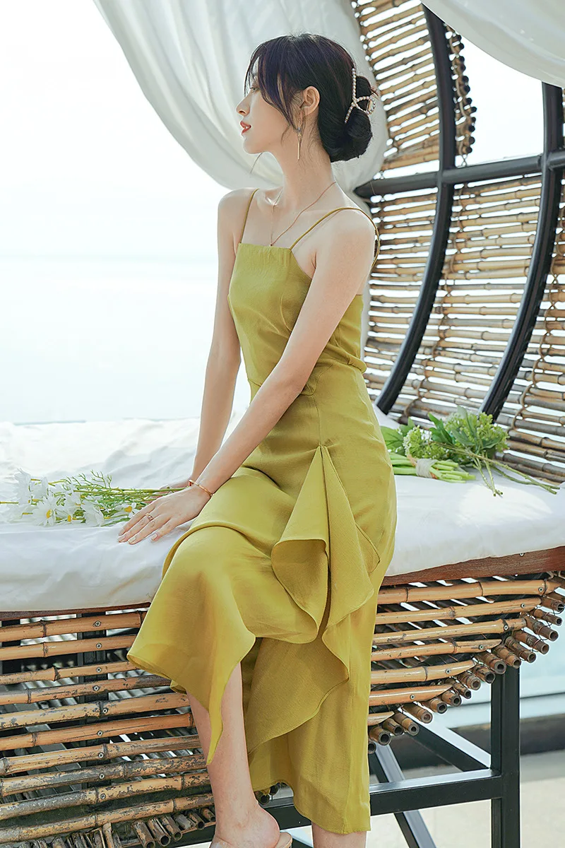 

COIGARSAM Vintage Women dress Spaghetti Strap High Waist Dresses 9113